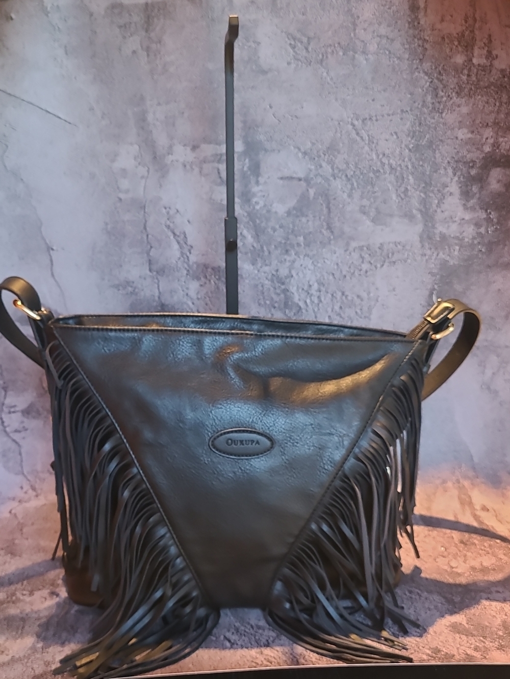 Oupuka Black Fringe Leather Shoulder Bag with Adjustable Strap